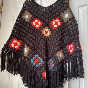 Handmade Black Crochet Fringe Poncho with Colorful Granny Squares